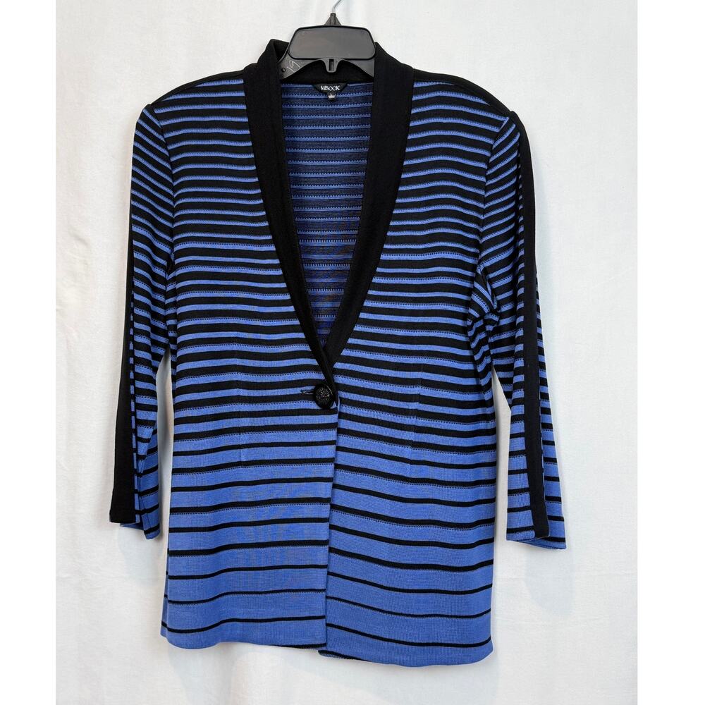 Misook Women L Blue Black Stripe Knit Blazer Jacket One Button Shawl Collar